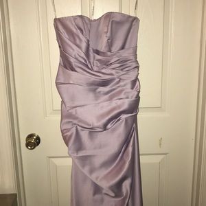 Lavender strapless satin bridesmaids gown